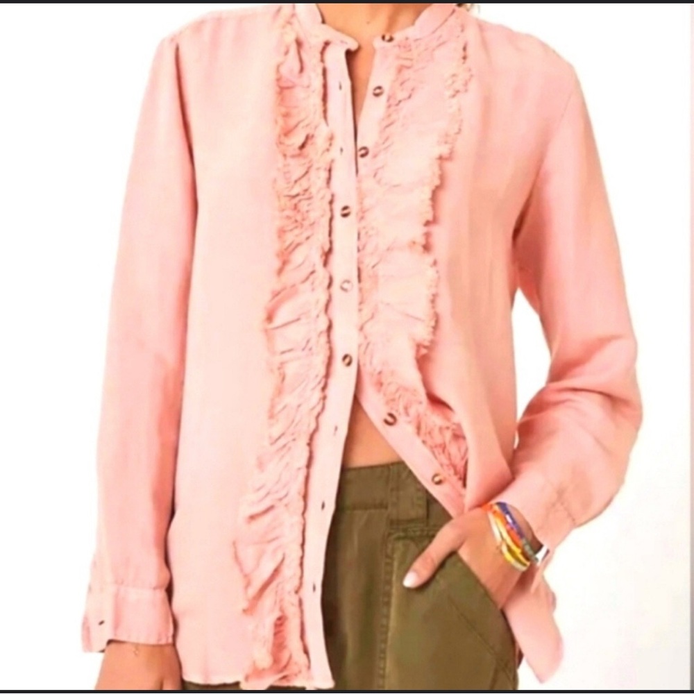 Anthropologie Pilcro Pink Mandarin Collar Ruffled Linen Blend Blouse, Size M
